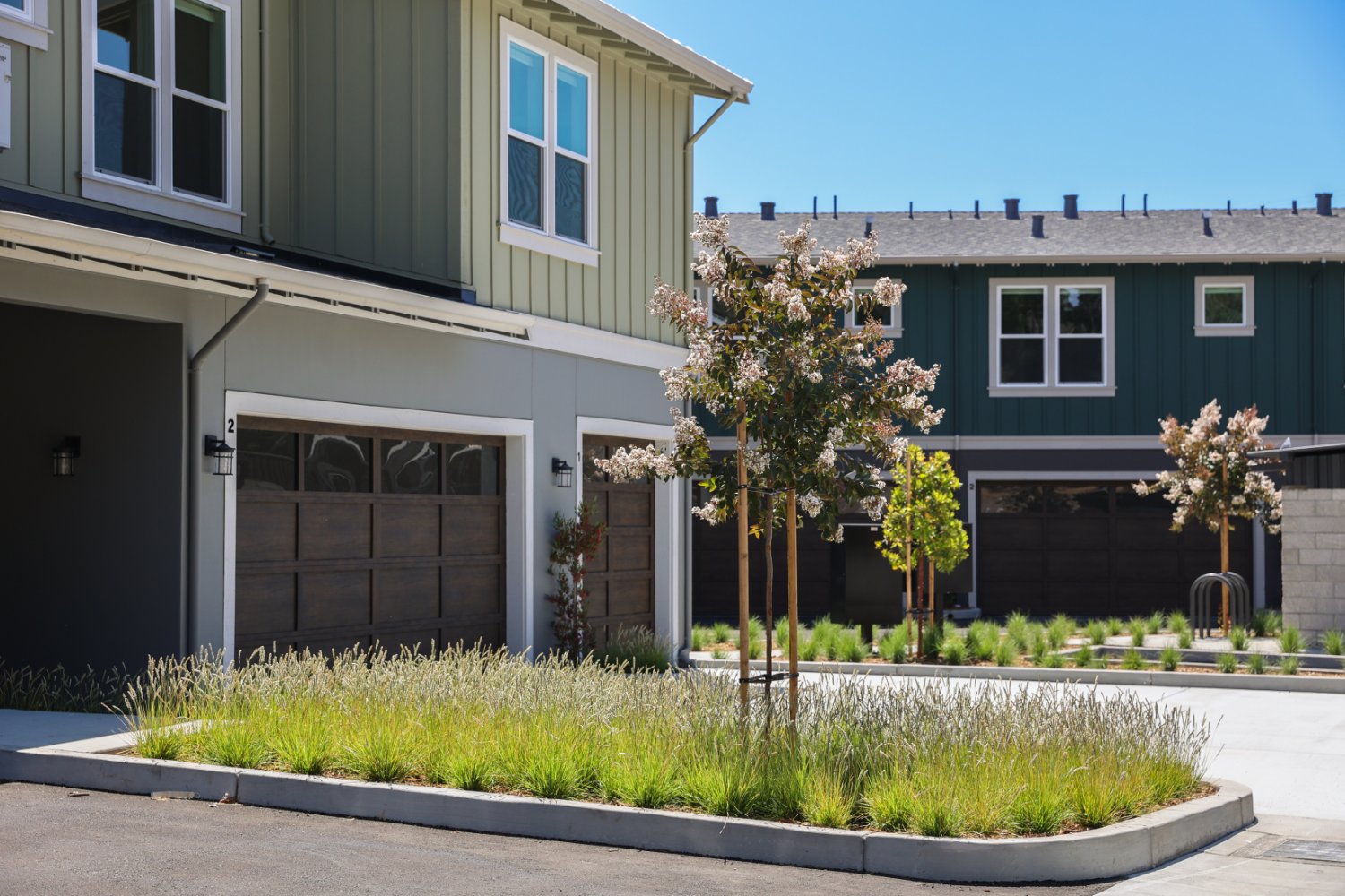 Apartment community walkway lined with new landscape plantings by K&D Landscaping