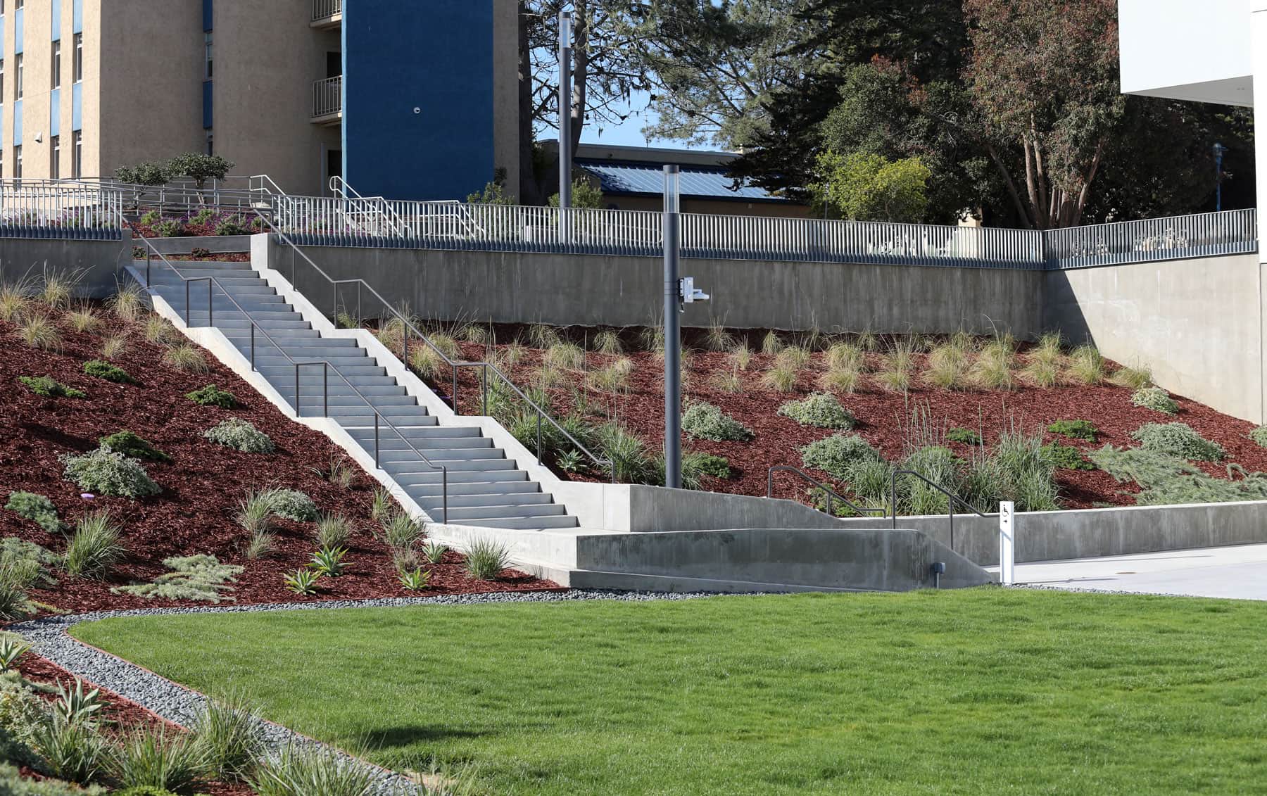 Commercial landscape installation featuring terraced planting beds, pedestrian stairways, and campus landscape enhancements by K&D Landscaping