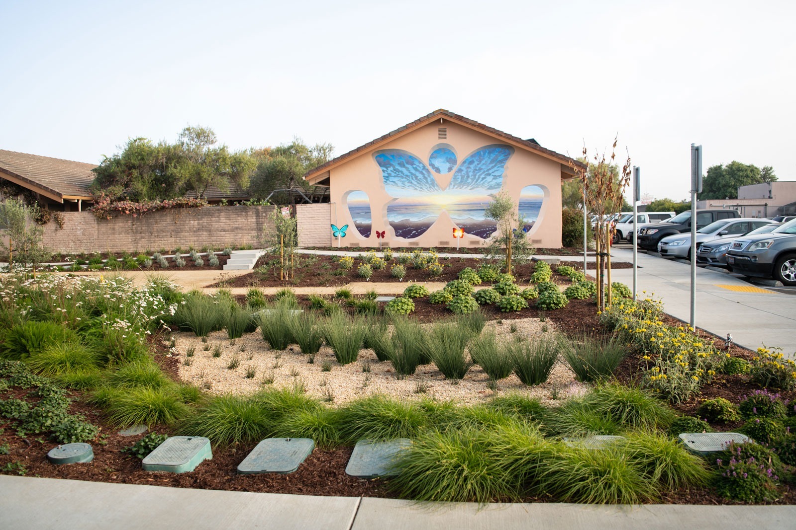 K&D Landscaping exterior building landscape with concrete pathway, planted ornamental shrubs, and metal shade structure