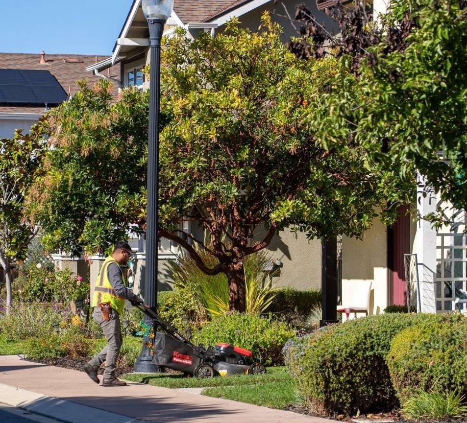 K&D Landscaping maintenance technician operating electric mower in HOA community landscape-1