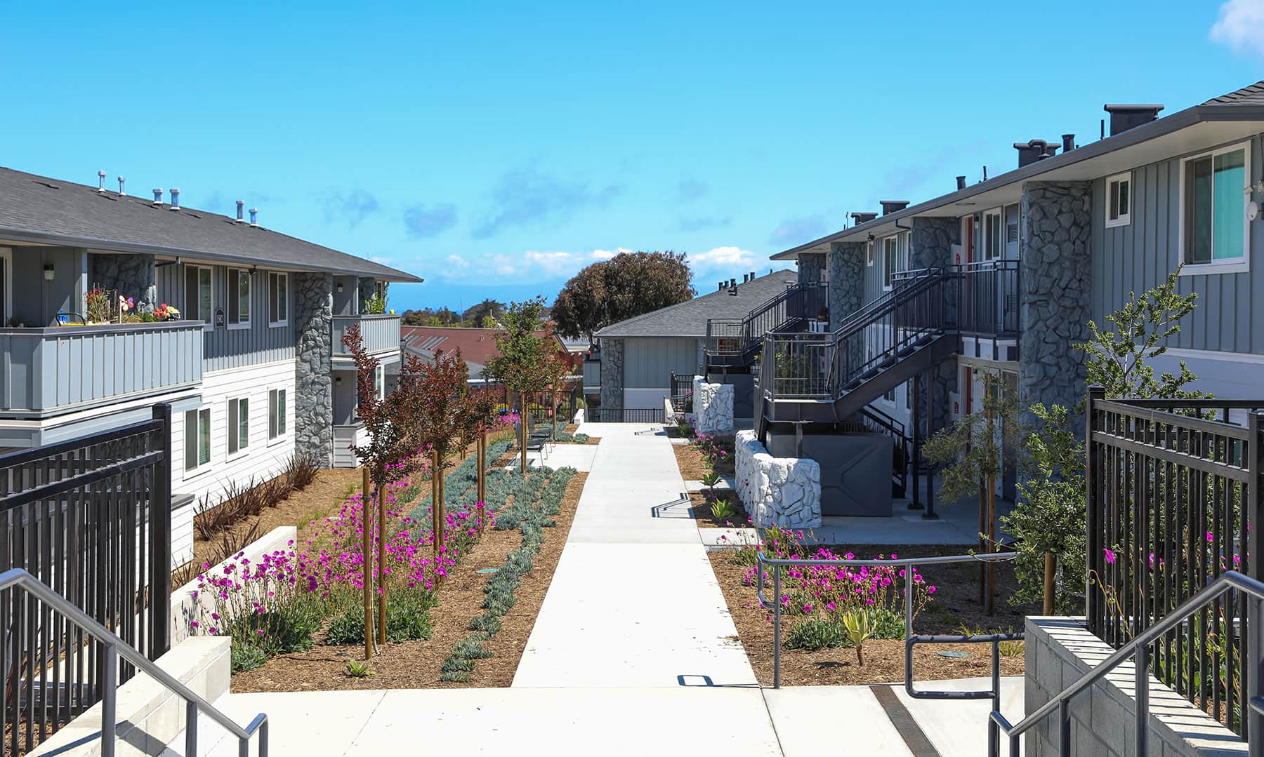 Renovated apartment community landscape with walkways and planting beds by K&D Landscaping