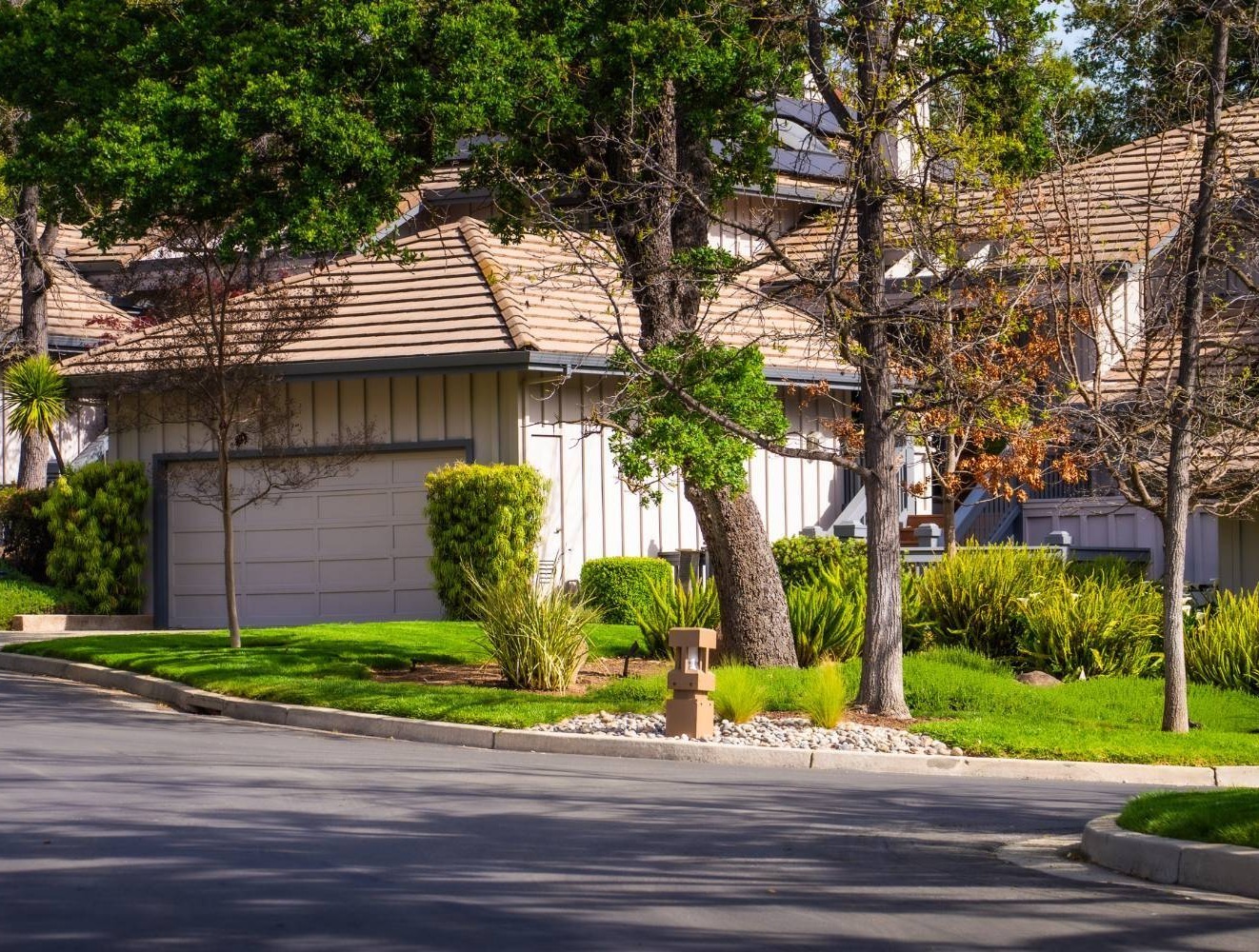 Residential streetscape cared for by K&D Landscaping featuring mature shade trees and seasonal plantings Residential streetscape cared for by K&D Landscaping featuring mature shade trees and seasonal plantings