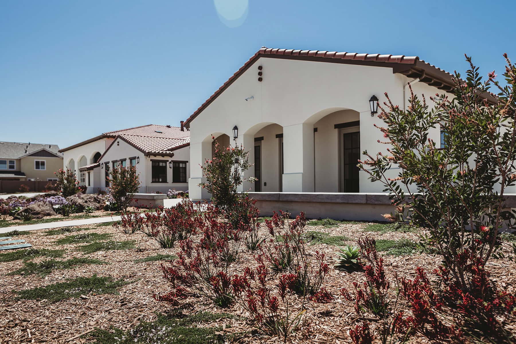Spanish colonial building with arched entryway, desert landscape planting, and low-maintenance groundcover by K&D Landscaping 2