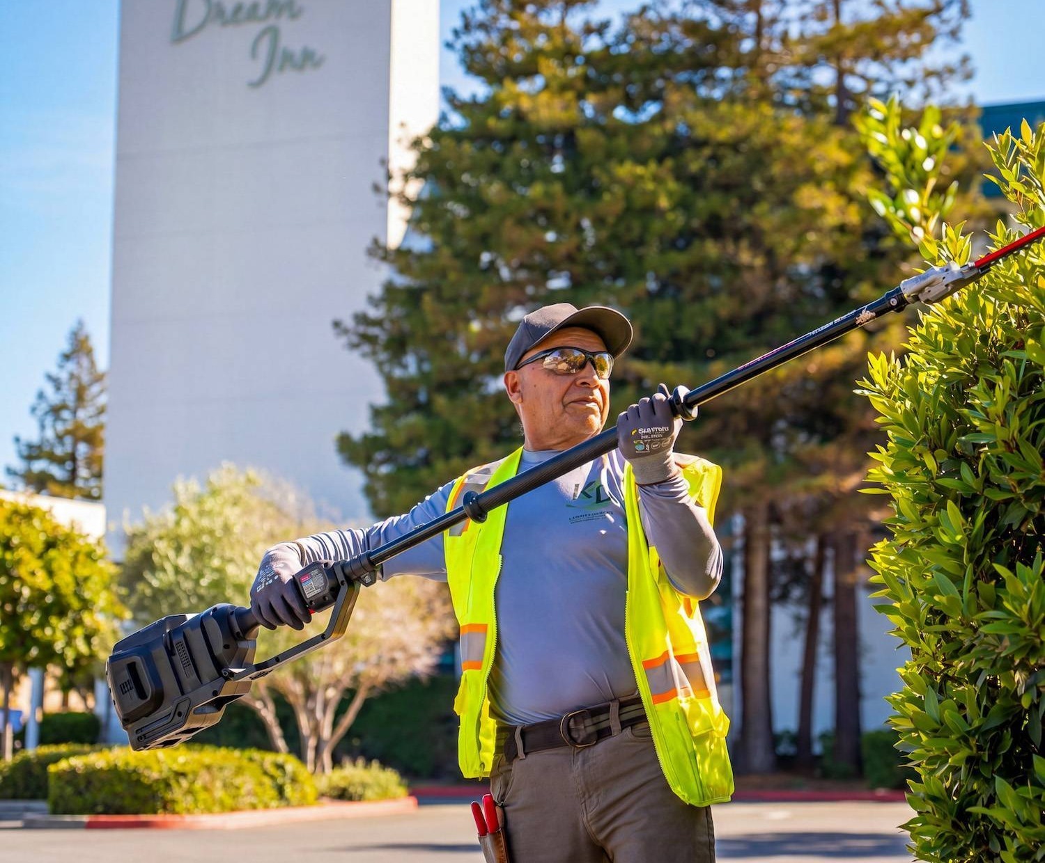 Landscape maintenance technician performing detailed shrub care for K&D Landscaping