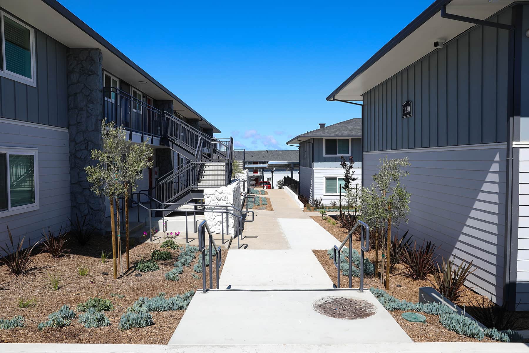 Apartment complex courtyard with colorful landscape plantings by K&D Landscaping