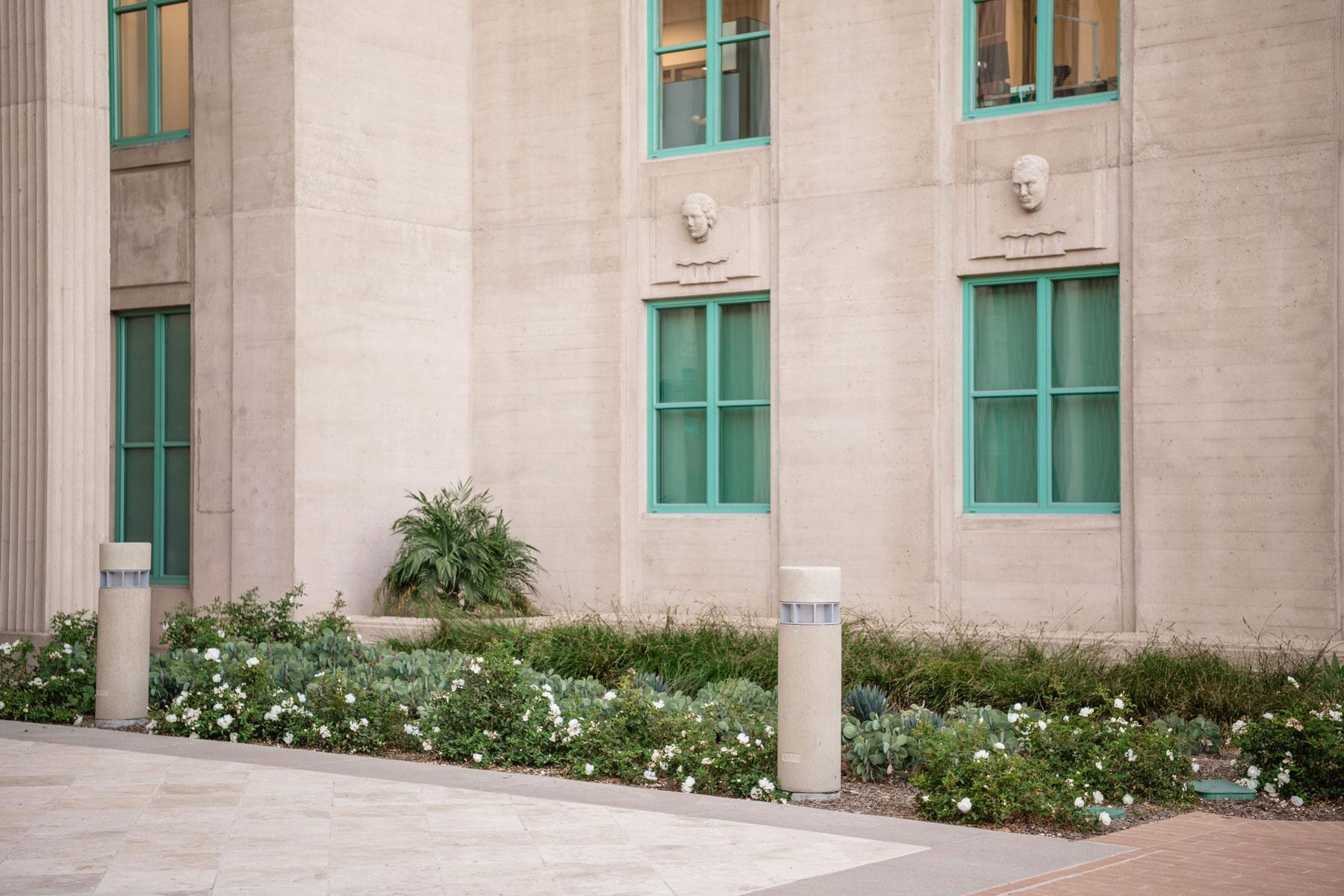 Building facade section with landscape plantings, ornamental grasses, white-flowering shrubs, and architectural columns by K&D Landscaping