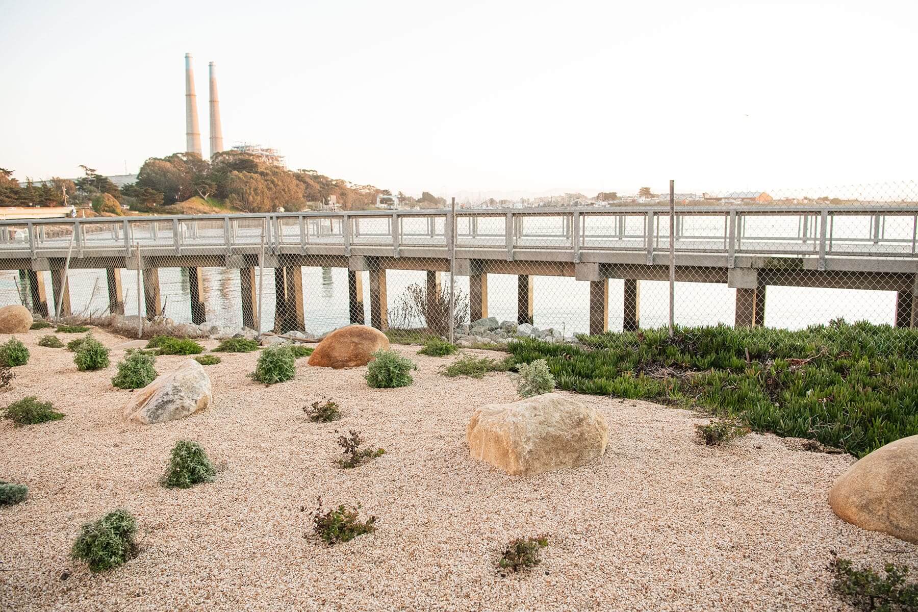 Coastal commercial landscape with decorative rock, low-water planting, and shoreline-adjacent construction by K&D Landscaping