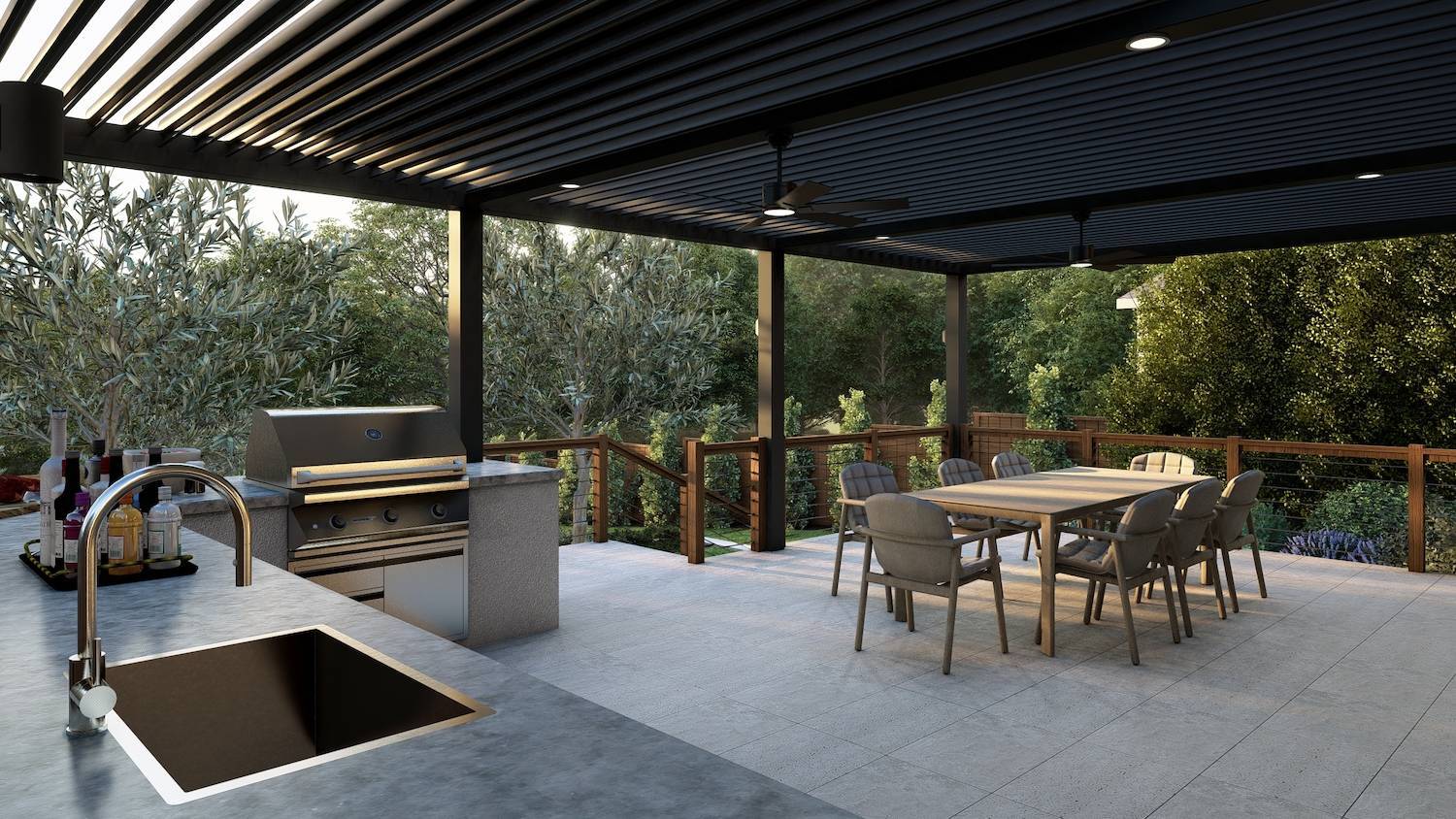 Covered outdoor living space by K&D Landscaping with a built-in kitchen, dining area, modern pergola, and surrounding landscape