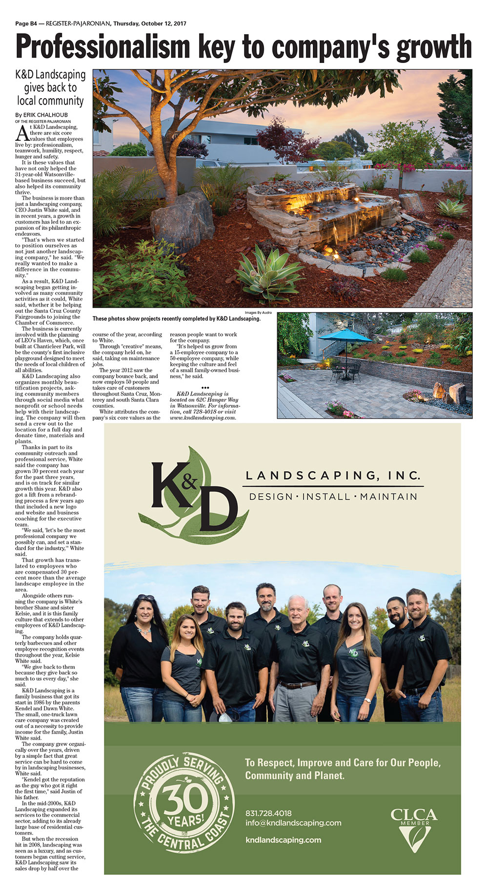K&D Landscaping featured in a Pajaronian newspaper article on company growth