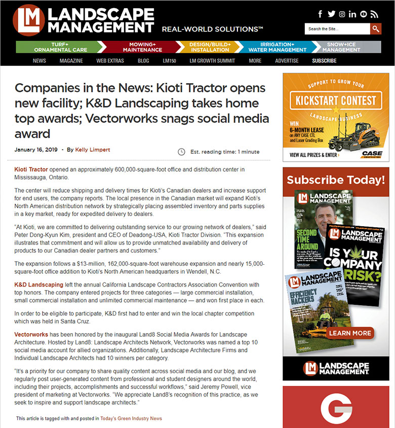 K&D Landscaping featured in Landscape Management for top awards