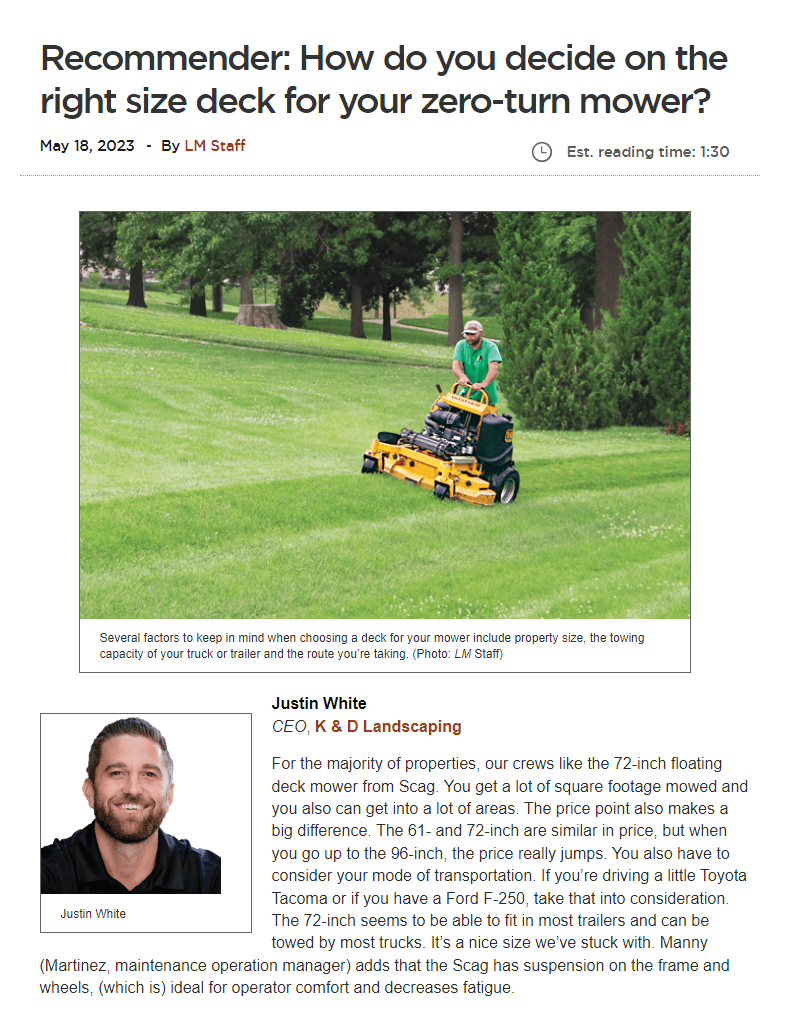 K&D Landscaping advice on choosing a zero-turn mower deck size