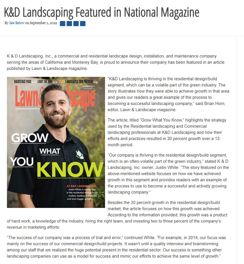K&D Landscaping featured in a national magazine