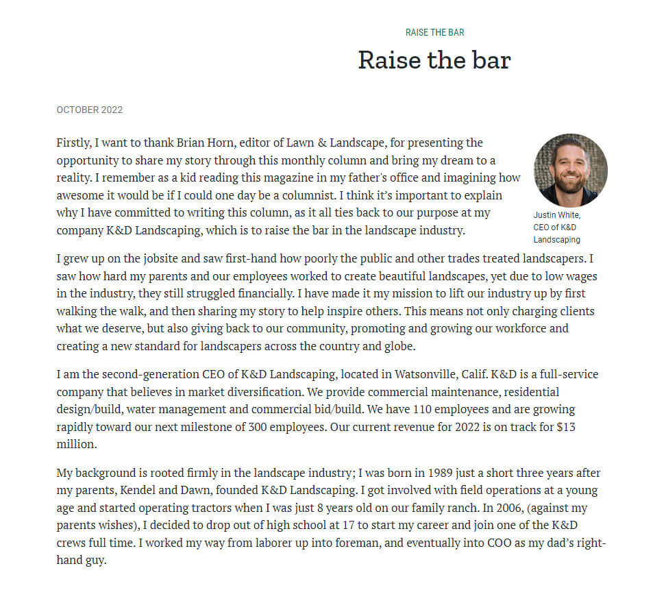 Justin White of K&D Landscaping launches the Raise the Bar column in Lawn & Landscape