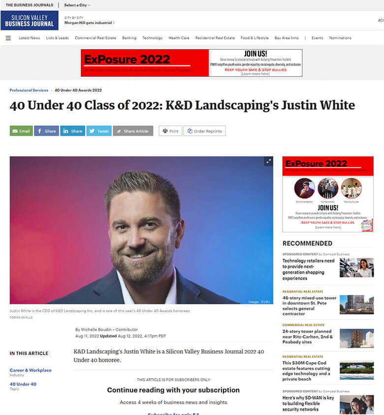 Justin White of K&D Landscaping, Silicon Valley Business Journal 40 Under 40 honoree
