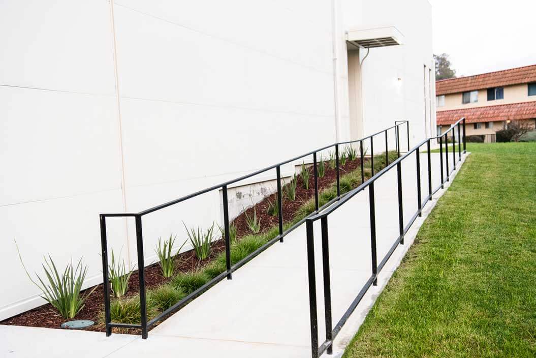 K&D Landscaping accessible concrete ramp with black railings and a flax and grass planting bed