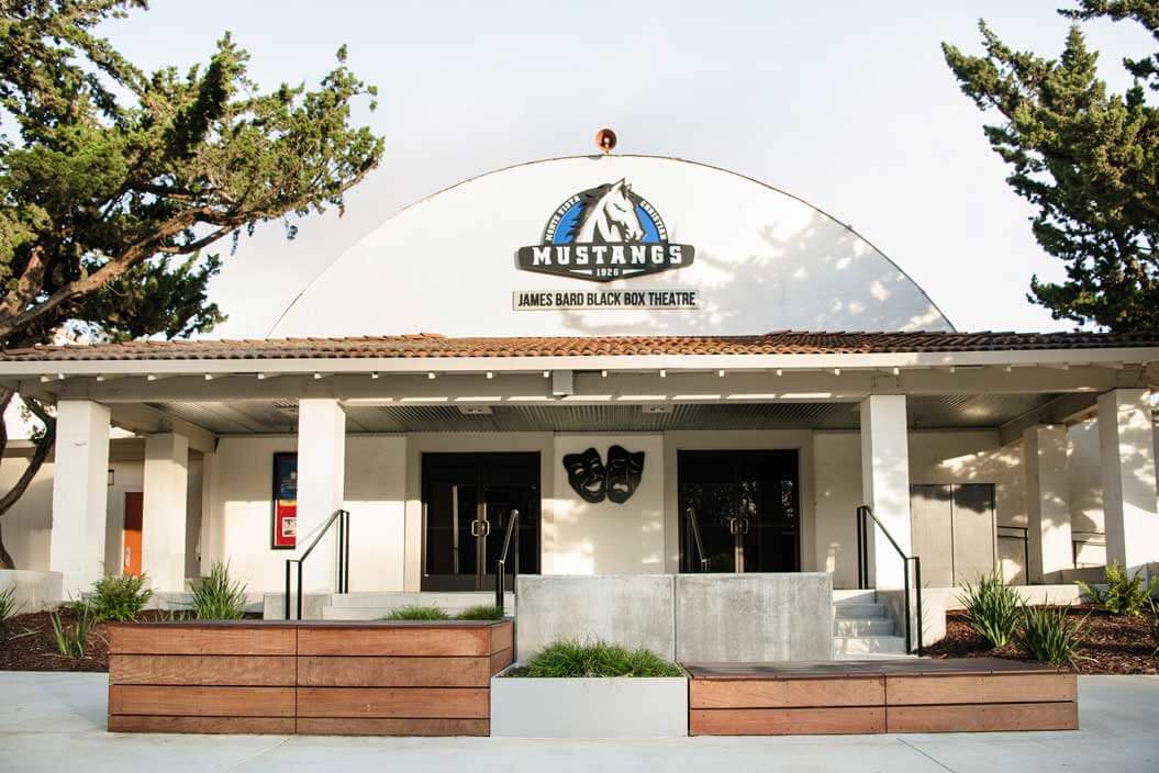 K&D Landscaping black box theatre entrance framed by built-in redwood planters and drought-tolerant beds