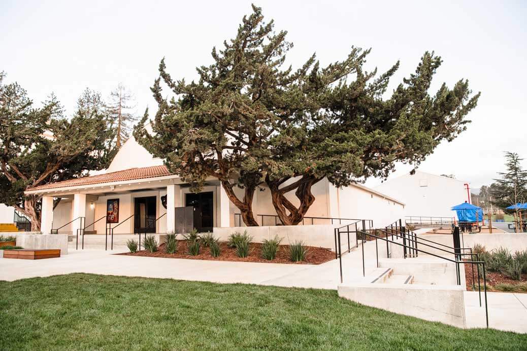 K&D Landscaping campus building entrance shaded by mature junipers with concrete ramps and lawn