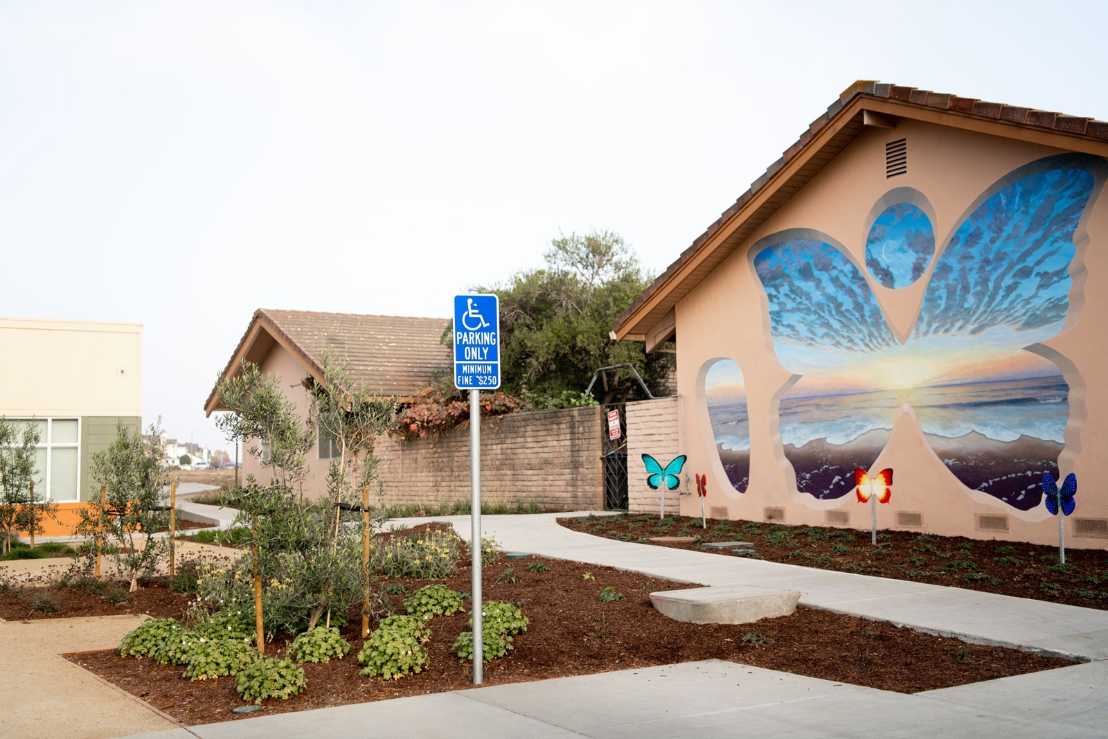 K&D Landscaping commercial site entrance with accessible parking area and drought-tolerant landscape planting