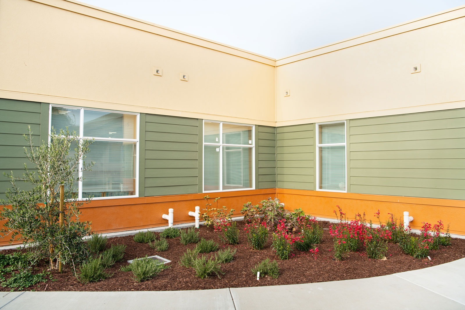 K&D Landscaping ground-level view of gravel and native plant installation with mulch beds and ornamental elements