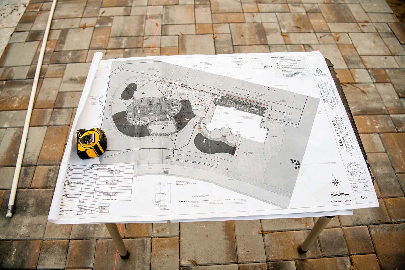 K&D Landscaping landscape layout and drainage plan drawing laid out on freshly set pavers