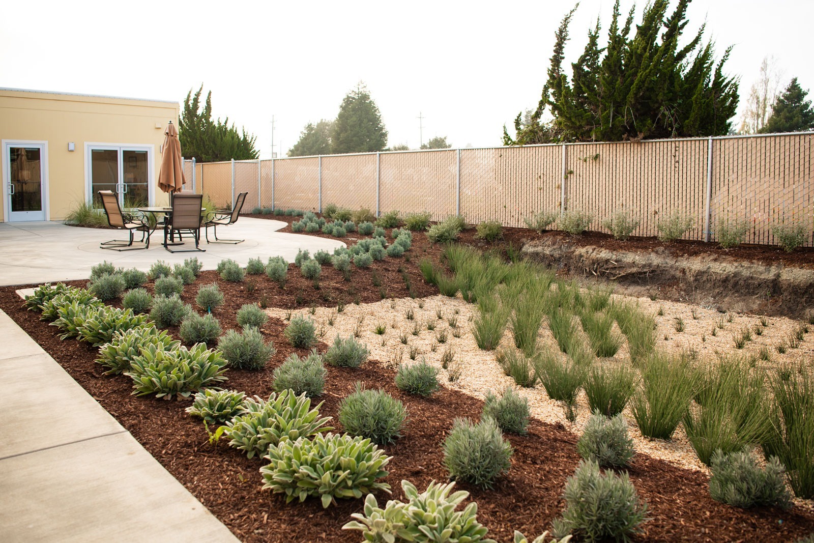 K&D Landscaping metal fence line landscape bed with tiered plantings, gravel, and native groundcover