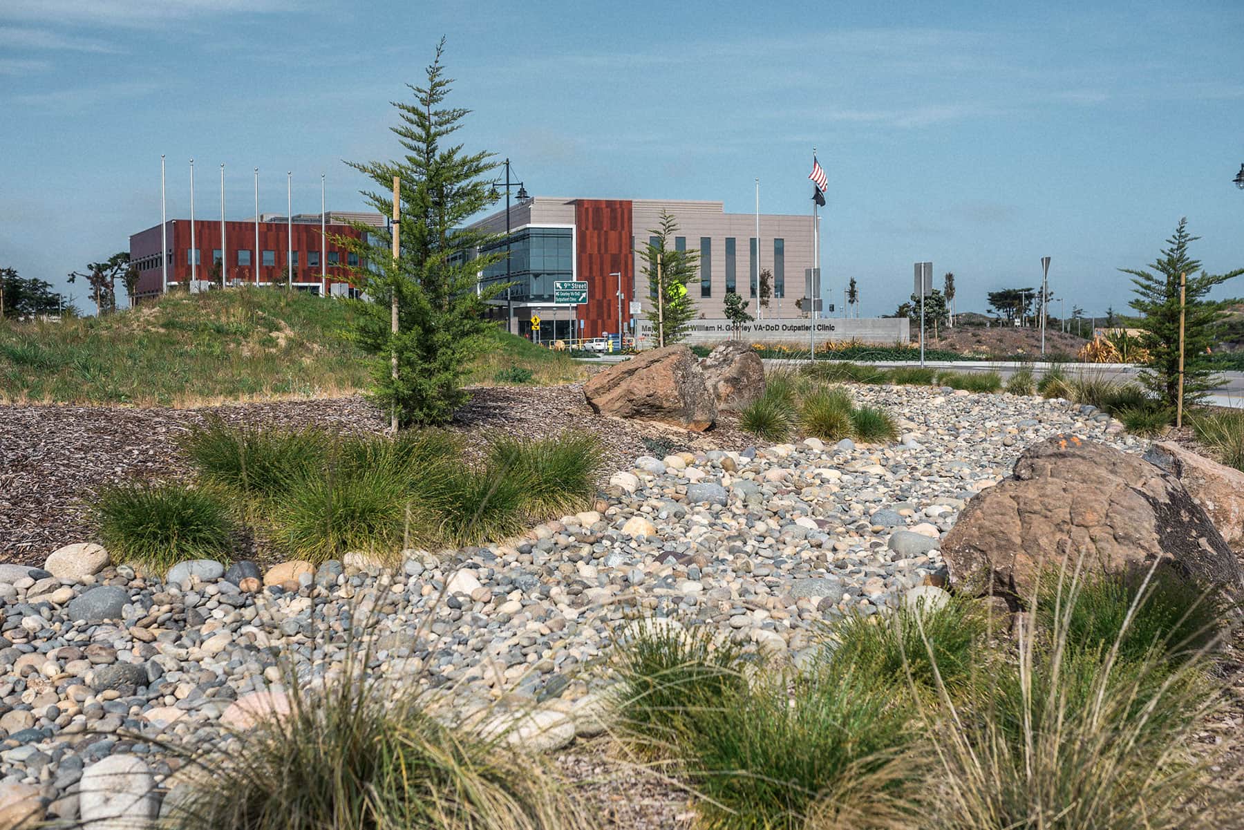 K&D Landscaping parking area landscape with dense native sedums, succulents, and low groundcover plantings