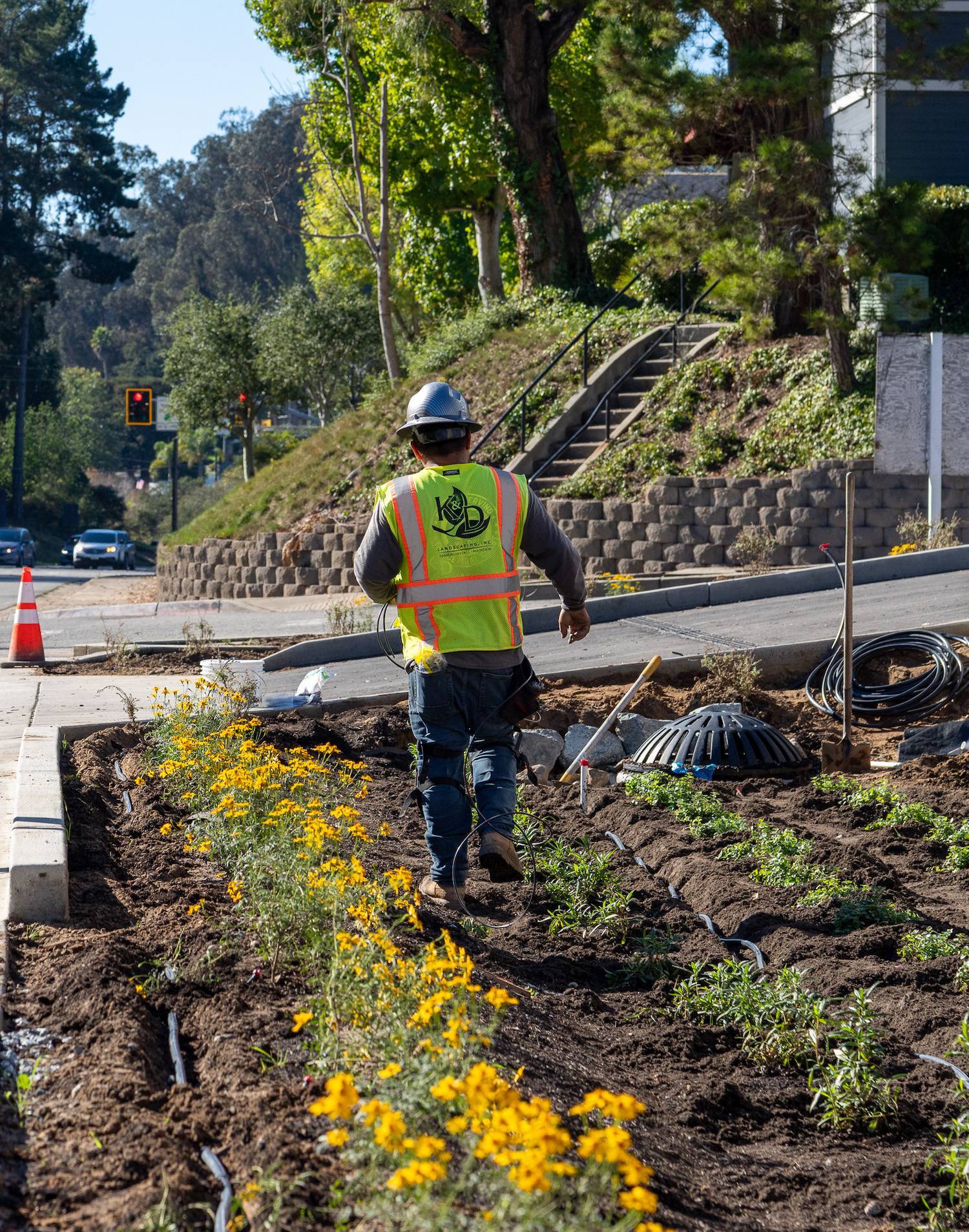 K&D Landscaping team members working on commercial site utility and landscape installation