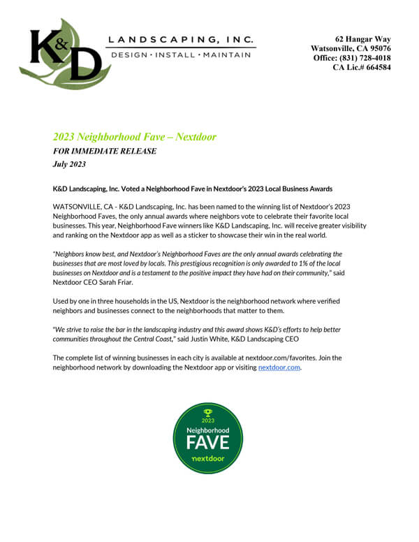 K&D Landscaping named a Nextdoor 2023 Neighborhood Fave