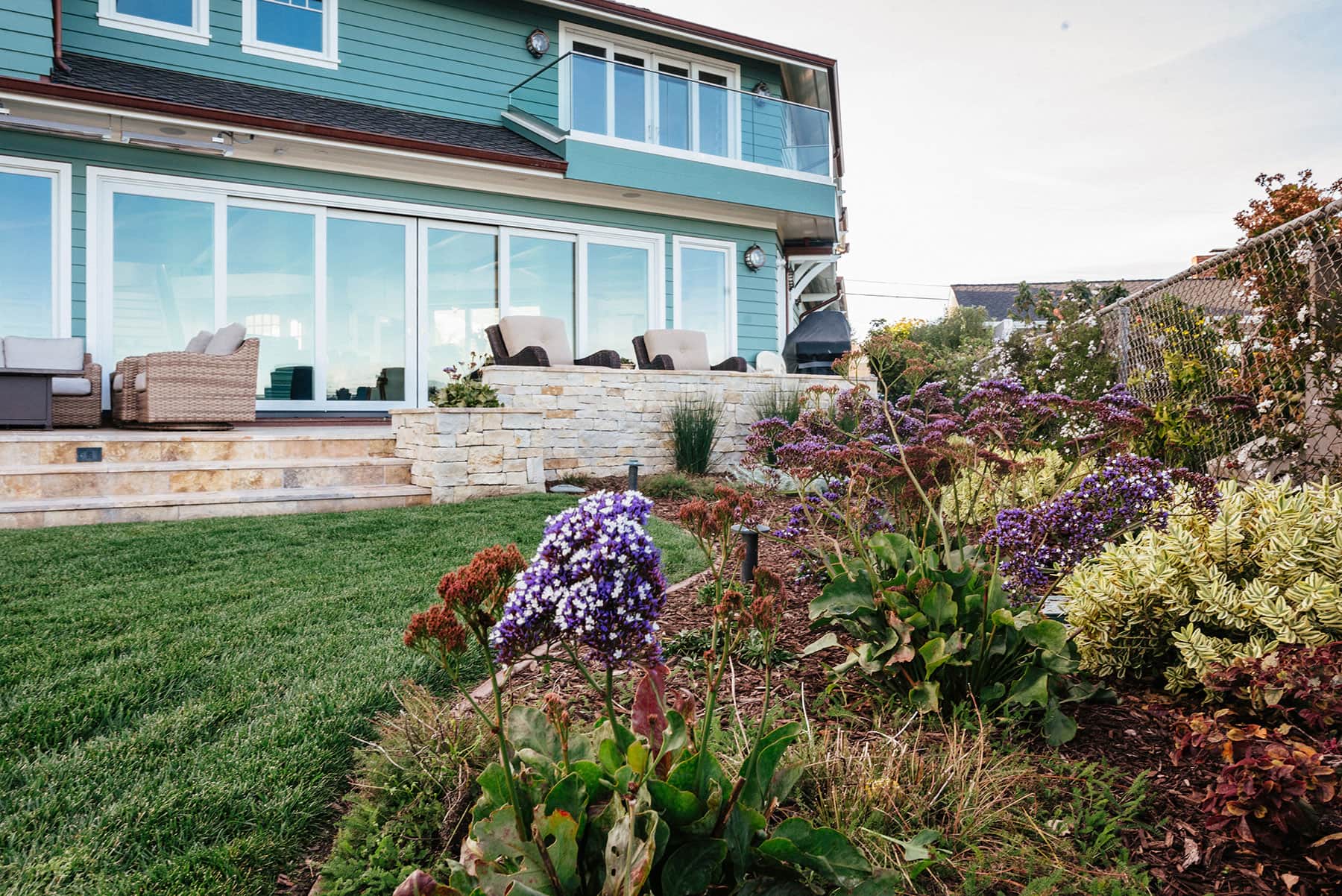 Oceanfront landscape bed with low-water plantings, purple asters & native shrubs installed by K&D Landscaping