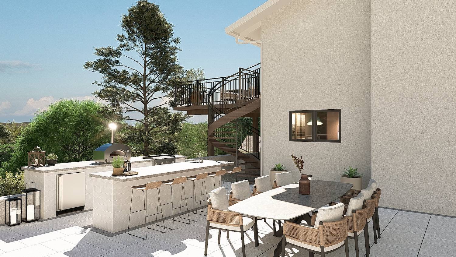Outdoor kitchen and dining area designed by K&D Landscaping with bar seating, built-in grill, and modern patio
