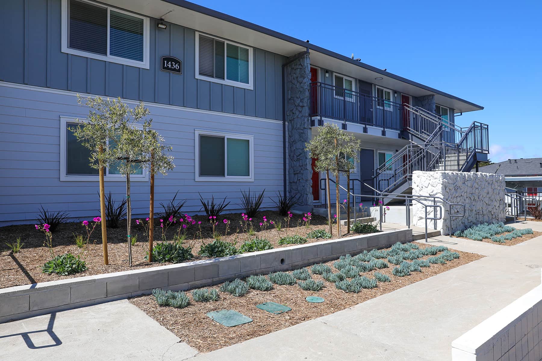 Pedestrian pathway through a professionally maintained apartment community by K&D Landscaping