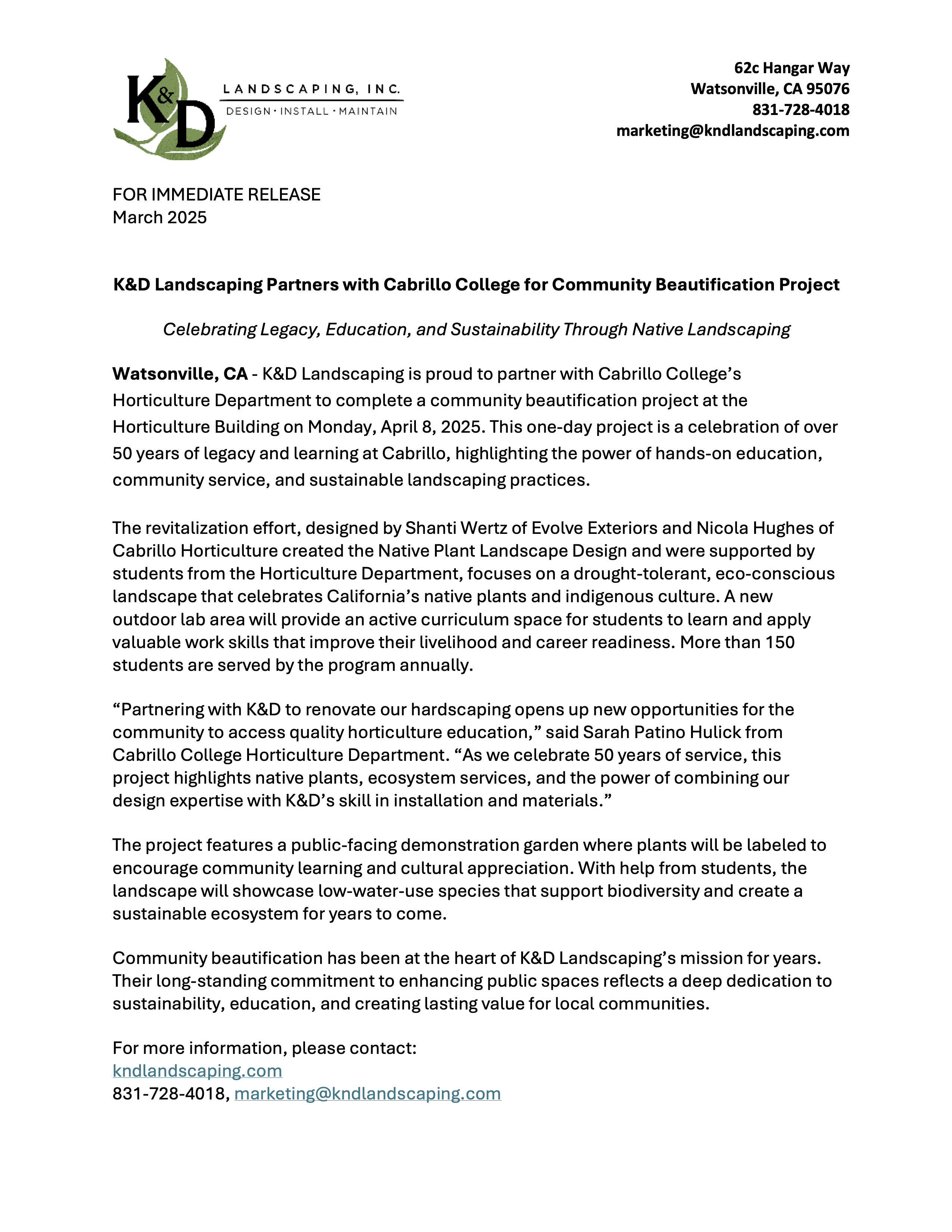 Press Release for Cabrillo College Beautification Project