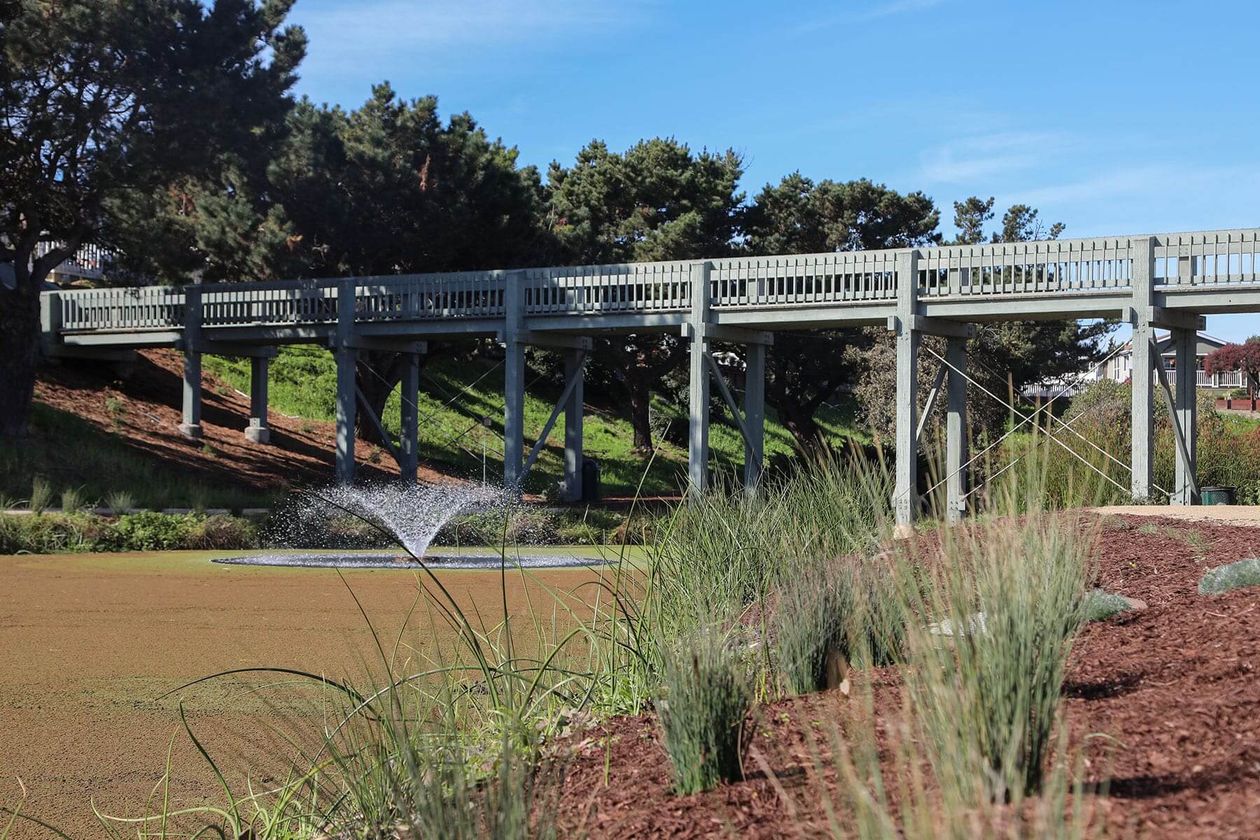 Residential community park enhanced with mulch and landscape plantings by K&D Landscaping