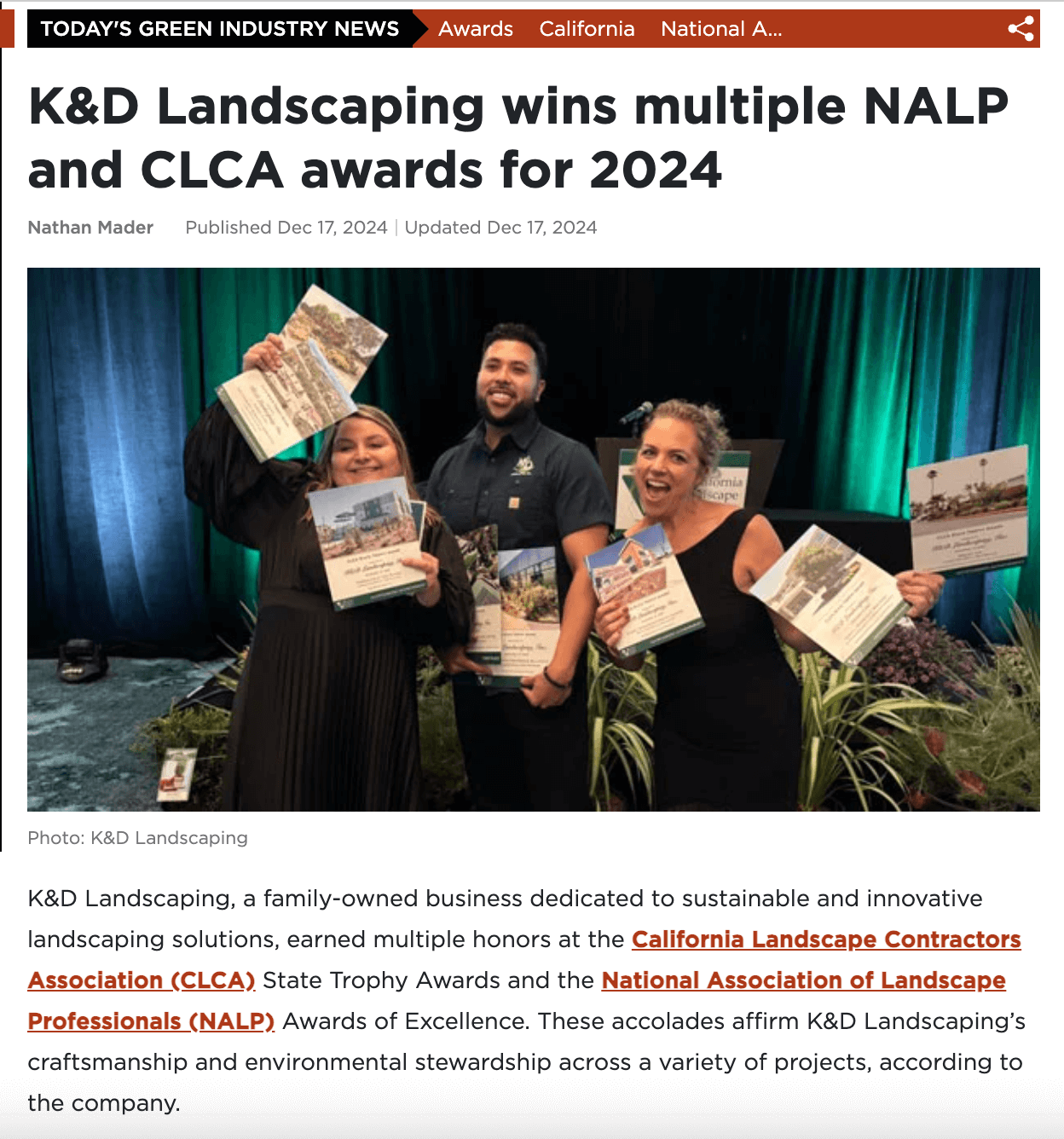 K&D Landscaping employees holding multiple awards