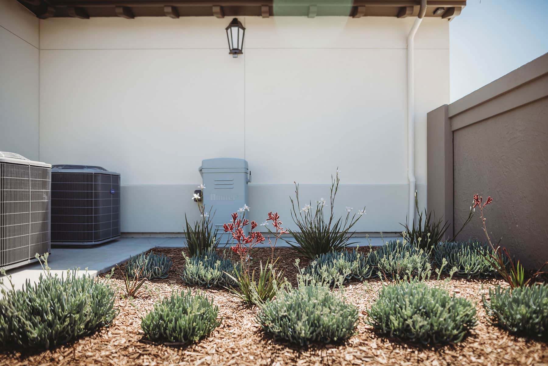 Utility area landscape with drought-tolerant plants, decorative grasses, and strategic planting around mechanical equipment by K&D Landscaping